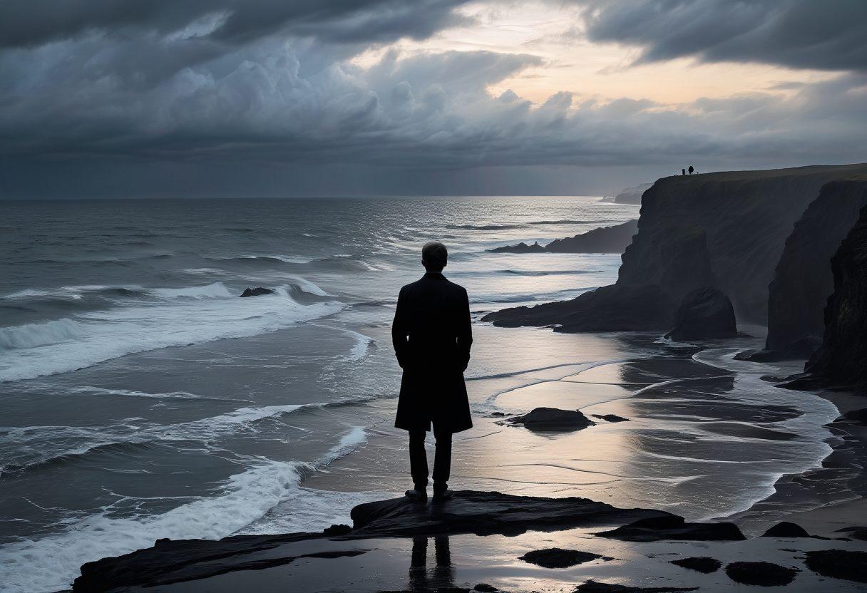 A solitary figure standing on a windswept cliff, gazing out at a tumultuous ocean under a cloudy sky, symbolizing the weight of melancholy. Gentle raindrops fall, creating ripples in puddles below, reflecting a mix of dark and light hues. Soft, muted colors dominate the scene, capturing the essence of transient sorrow and fleeting moments. The figure's silhouette is outlined against the dramatic backdrop, evoking a sense of introspection. painting. muted colors. ethereal atmosphere.