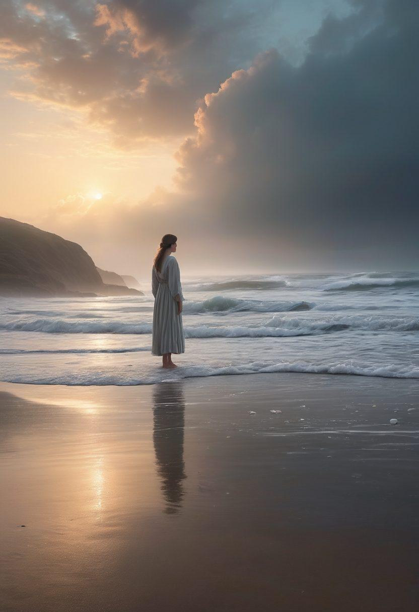 An ethereal landscape depicting a lone figure standing on a misty shore, gazing at waves that symbolize fleeting emotions. Wisps of translucent clouds drift overhead, suggesting the ephemeral nature of grief. Soft, muted colors blend into a tranquil background, while delicate flowers bloom at the figure’s feet, representing hope amidst sadness. The scene conveys a deep sense of reflection and serenity. super-realistic. muted tones. ethereal atmosphere.