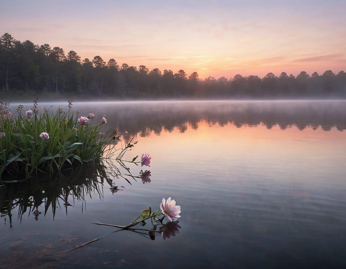 A delicate scene illustrating a fading sunset over a tranquil lake, where wisps of fog rise and blur the horizon. In the foreground, a single wilting flower reflects the theme of melancholy and transience. Soft, muted colors blend seamlessly to evoke a bittersweet atmosphere, inviting contemplation. super-realistic. pastel colors. serene ambiance.